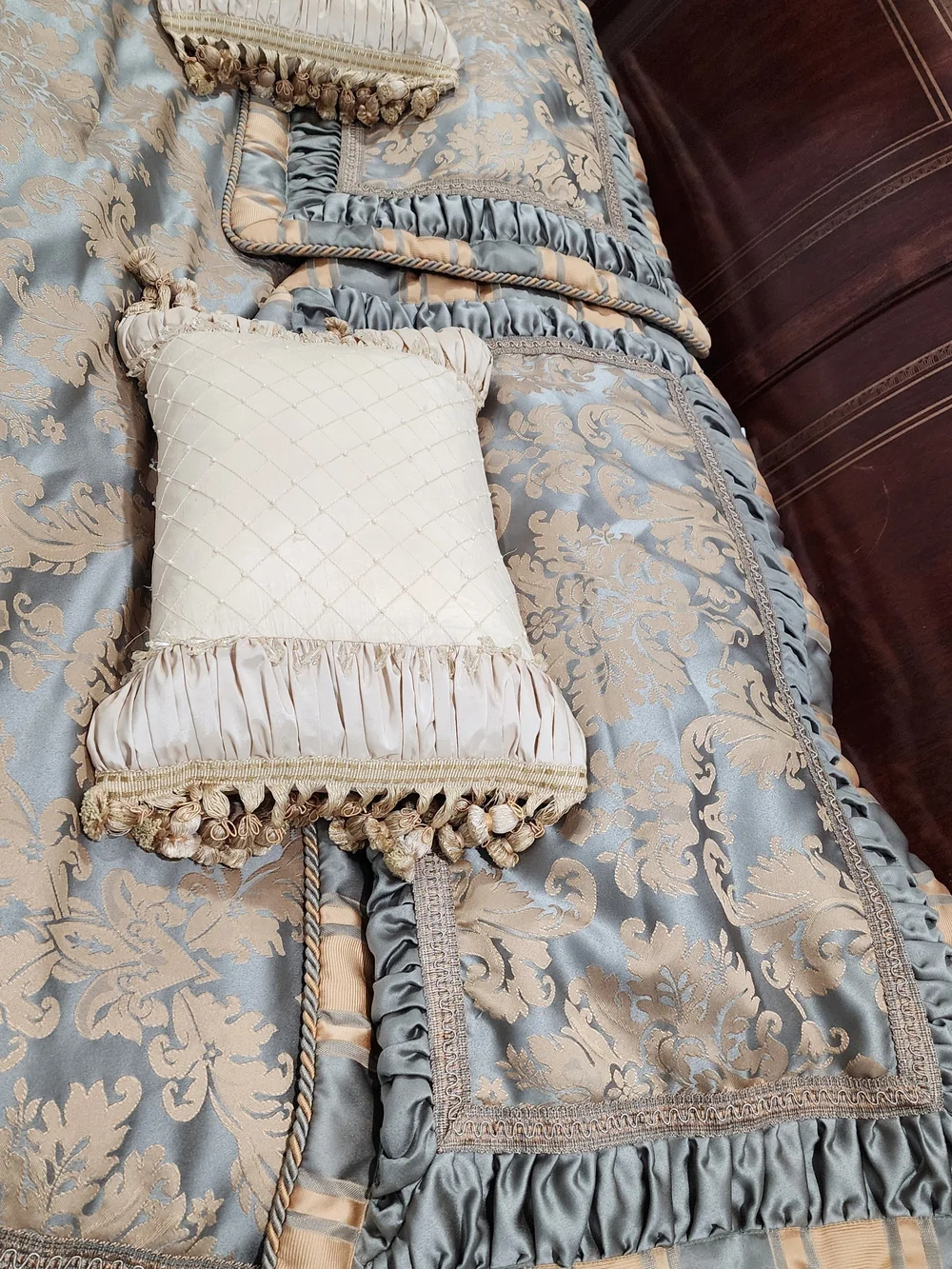Croscill Blue and Gold Damask Comforter with Decorative Pillows